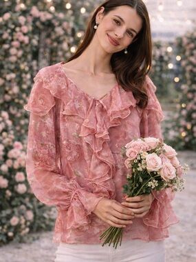 N by Nancy Sheer Pink Metallic Ruffle Blouse Floral Print Size Small Top NWT